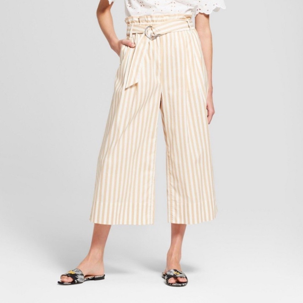 Who What Wear Women's Tan Striped Paperbag Crop Pants NWT